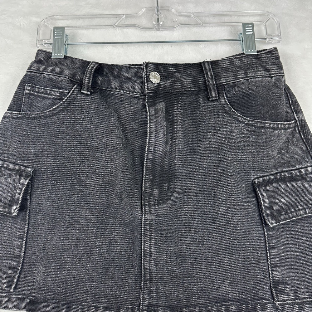 Shein Womens Black Washed Denim Skirt Small 4 Side Cargo Pockets‎ - Picture 2 of 13
